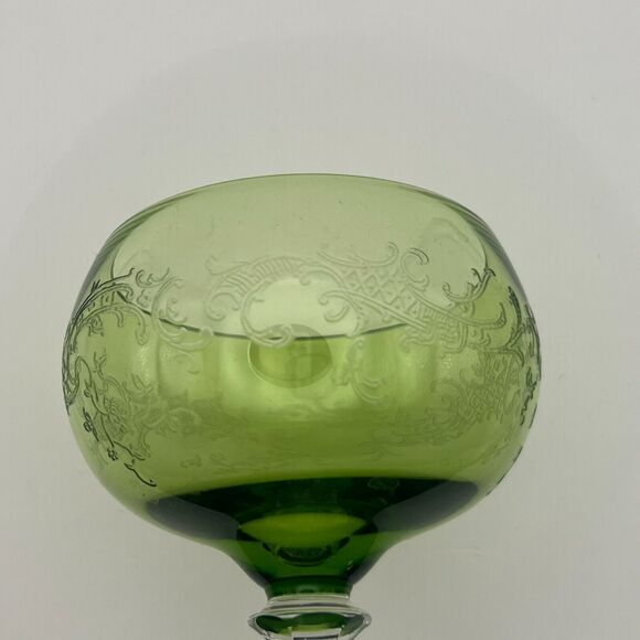 Antique Villeroy & Boch Hock Wine Glass Floral Scrollwork Green Clear Cut Stem - Picture 6 of 15